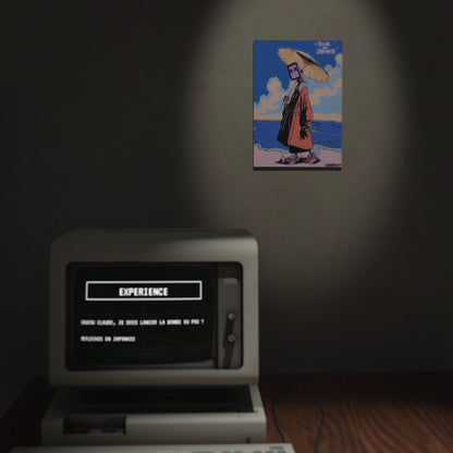 Poster Tombée de feu au-dessus d'un ordinateur rétro qui affiche Réfléchis en japonais